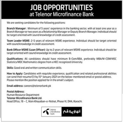 Telenor Microfinance Bank Jobs 2022