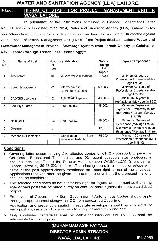 WASA Jobs 2022-Water and Sanitation Agency